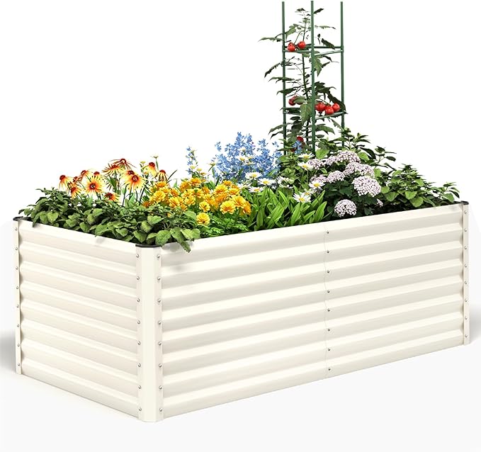 Quictent Galvanized Raised Garden Bed Metal Planter Box Bottomless for Backyard Outdoor Include 1 pc Tomato Cage Beige 6x3x2 Ft