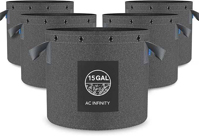 AC Infinity Heavy Duty Fabric Pots 15 Gallon Aeration Reusable Grow Bags 5-Pack with 500G Thick Nonwoven Fabric and Multi-Purpose Rings for Plant Hanging and Low Stress Training