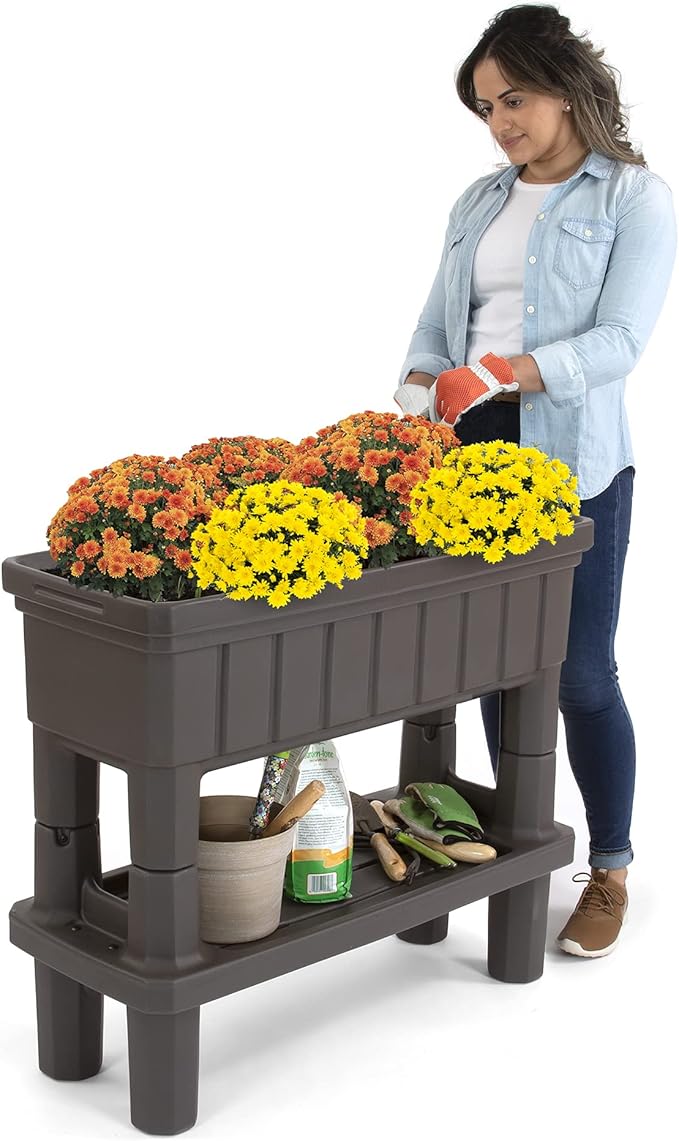 Simplay3 American Home Raised Garden Bed Outdoor Planter with Garden Tools Storage Shelf 36 L x 30 H Garden Bed Dark Brown