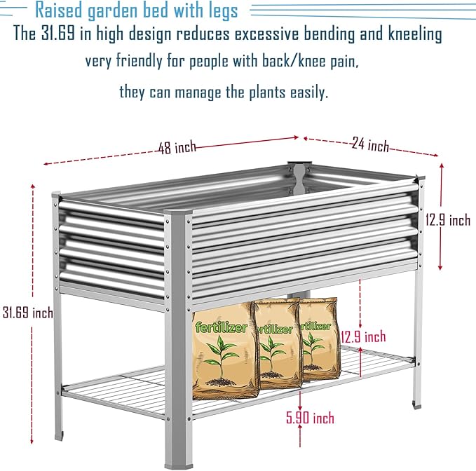 Raised Garden Bed with Legs Galvanized Raised Planter Box with Storage Shelf and Drainage Holes 48×24×32 Inch Large Metal Garden Bed Kit for Balcony Backyard Patio Lasts for Years of Use.