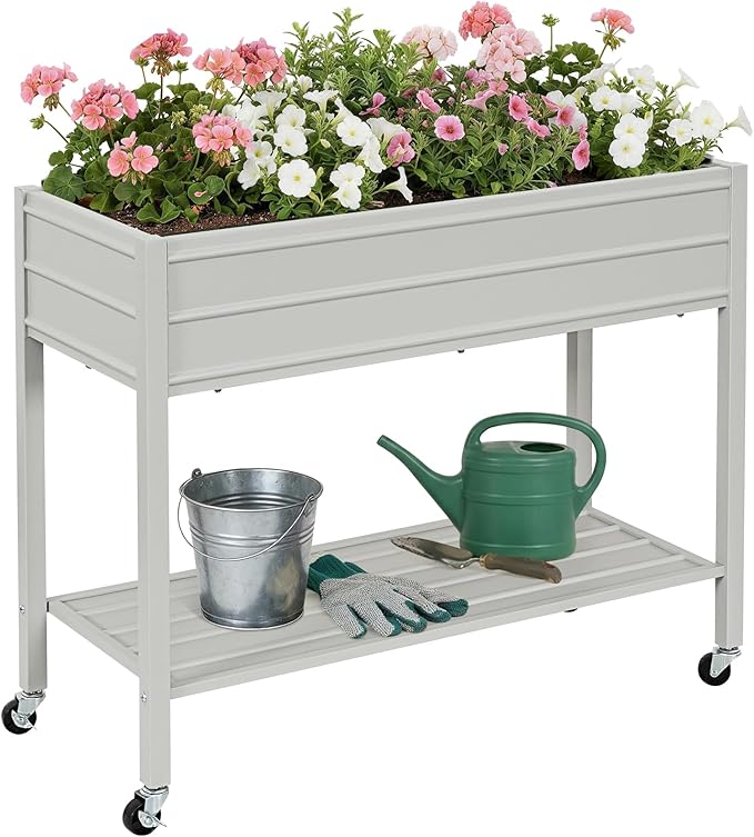 ZORMY 32 Tall Galvanized Raised Garden Bed with Legs Wheels &amp Shelf Elevated Planter Box Outdoor for Vegetables Herbs &amp Flowers Patio &amp Backyard Garden Bed with 400lb CapacityGrey