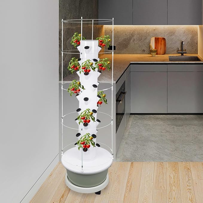 Hydroponic Growing Tower with Climbing Trellis 30L Water Tank &amp Automatic Timer Indoor Outdoor Vertical Garden System for Vegetables Herbs Strawberries (Light Green - 36 Holes)