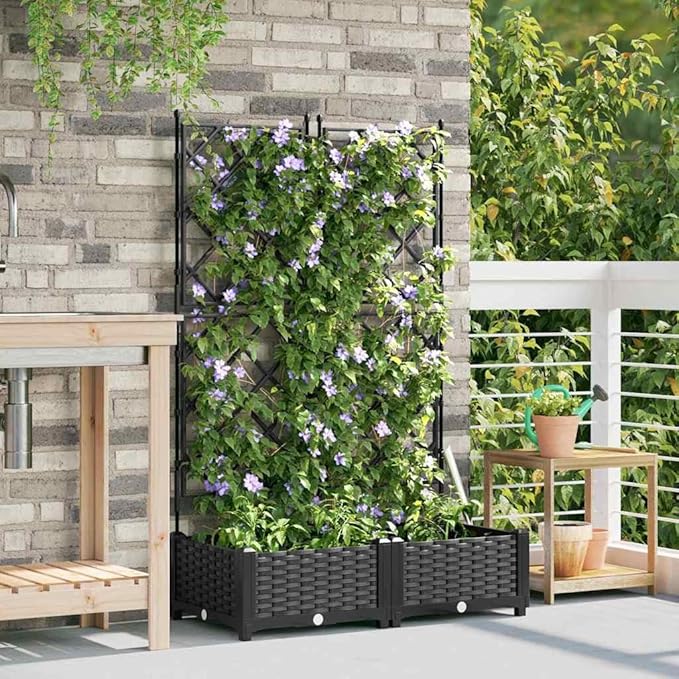 Garden Planter with Trellis 2 Pcs Black 80x40x125.5 cm PP UV Resistant Raised Garden Bed for Outdoor Plants Patio Deck