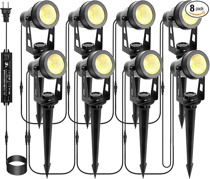 ECOWHO Landscape Lighting with Transformer IP65 LED Outdoor Spotlights Waterproof 30W 2000LM Warm White 3000K Garden Lights 90ft Cable for Garden Pathway Yard Tree Uplighting Patio (8 Pack)
