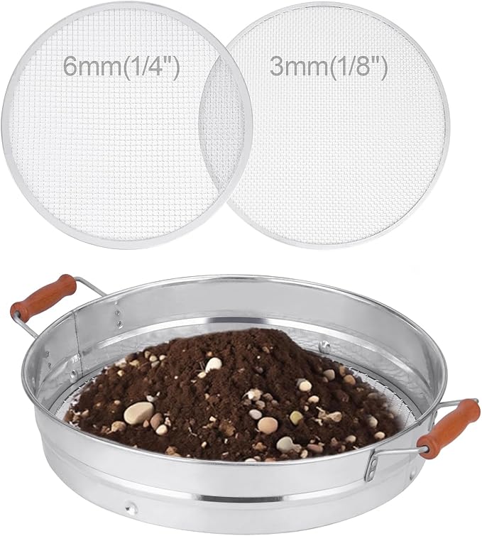 Soil Sifter with Handle for Gardening–14 Large Stainless Steel Soil Sieve-2 Replaceable Mesh Screens 3mm/6mm-Garden Sifter for Dirt Rocks Compost Gravel Pellet Sand