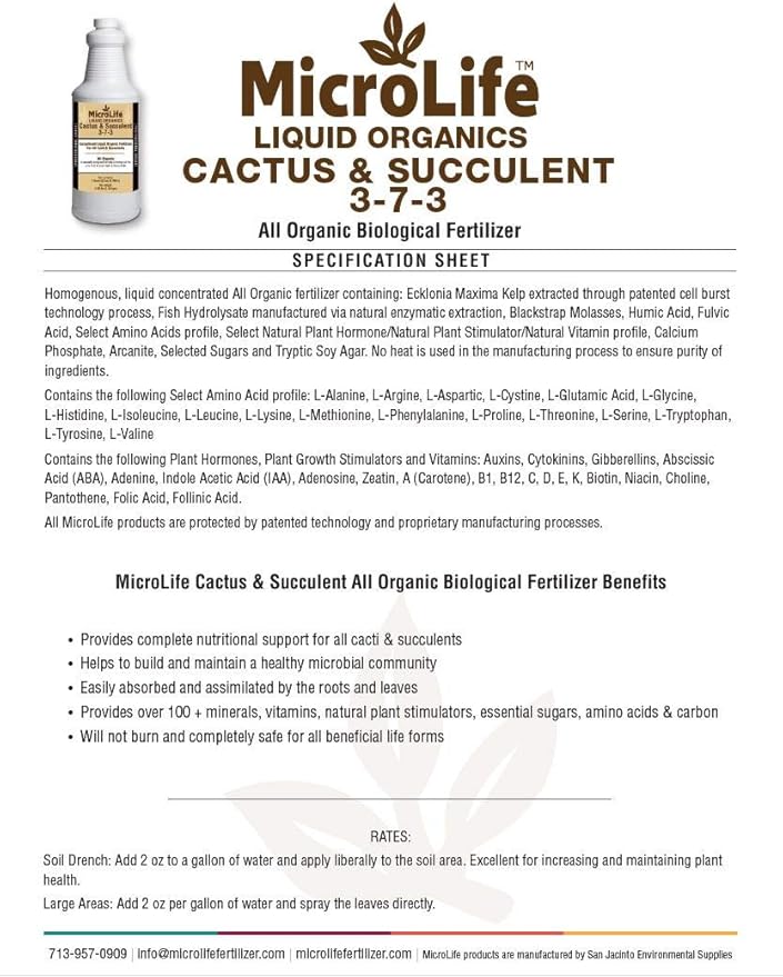 MicroLife Cactus &amp Succulent (3-7-3) Professional Grade Organic Liquid Fertilizer Concentrate 1 Quart