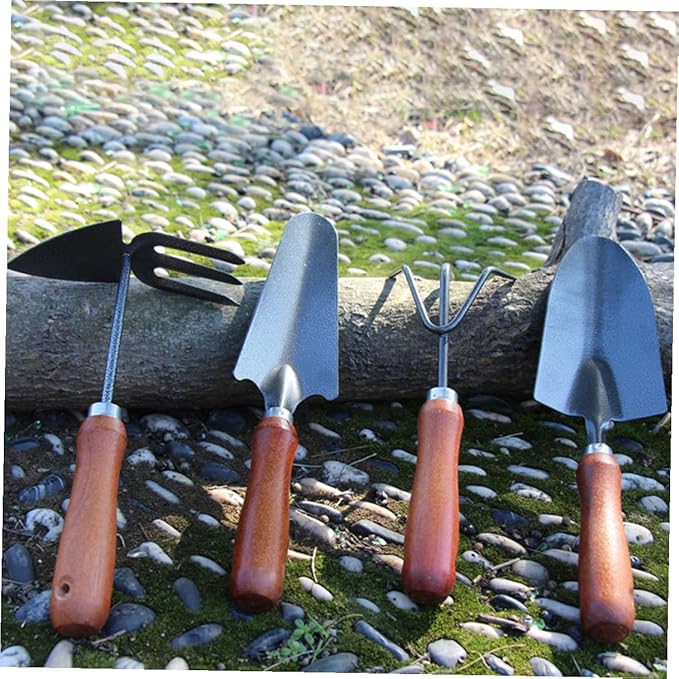 Garden Tool Set with Small Gardening Shovel and Narrow Spade 4pcs Hand Tools for Digging Weeding and Planting Mini Iron Trowel and Three-Claw Rake for Home and Outdoor