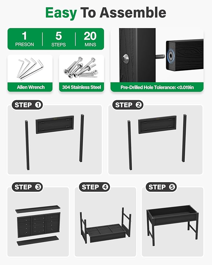 YEFU Raised Garden Beds Outdoor: 48x24x30in HIPS Elevated Planter Boxes Outdoor with Legs for Herbs Vegetables Flowers - Raised Garden Bed for Patio/Balcony - Accessible Gardening Comfort (Black)