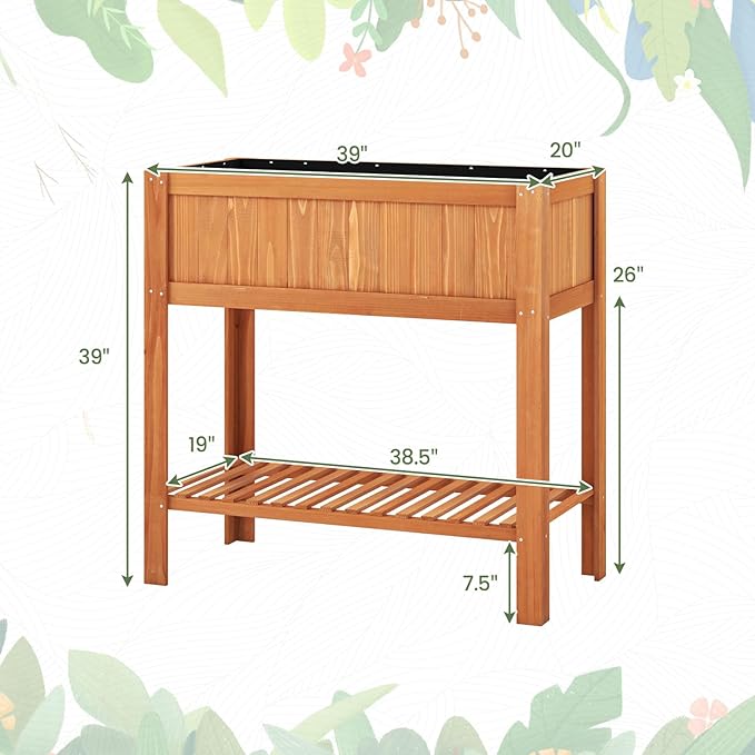 COSTWAY Raised Garden Bed Wood Planter Box with Storage Shelf and for Vegetables Flowers &amp Herbs 2-Tier Elevated Garden Planter Bed for Backyard Patio Balcony Greenhouse 39 x 20 x 39