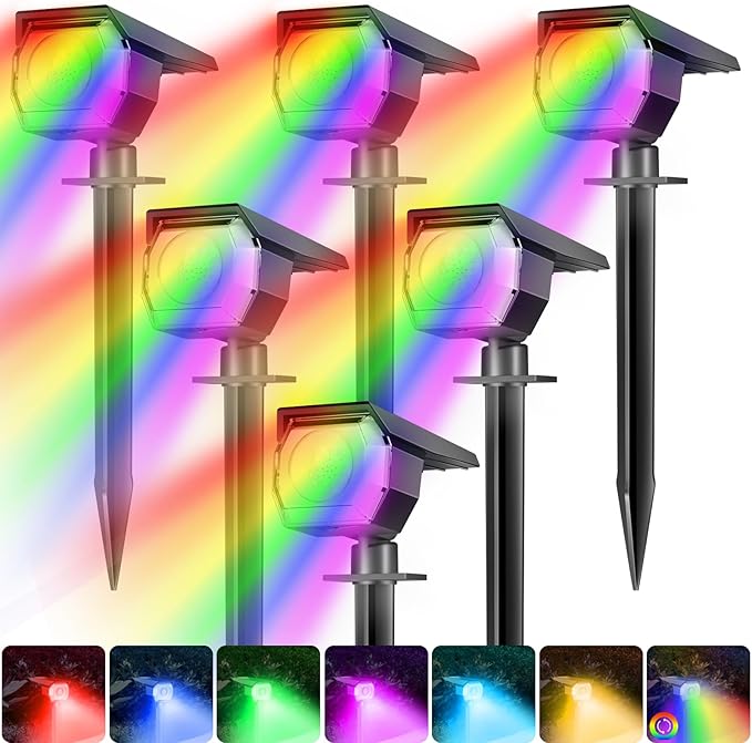 Peasur 6 Pack Solar Spot Lights Outdoor Color Changing 7 Modes Halloween RGB Solar Powered Waterproof Spotlight Landscape Lighting for Outside Yard Garden Pathway