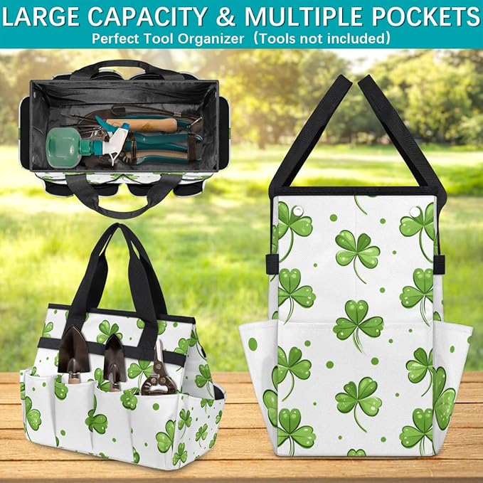 Clover Gardening Tool BagHeavy Duty Garden Tote BagPortable Oxford Leaf Gardening Storage Basket Organizer Handbag with Pockets HandleHand Tools Gifts for Outdoor Garden Lawn Yard