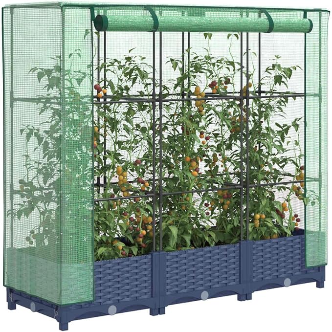 Raised Garden Bed with Greenhouse Cover Grey Polypropylene Rattan Look 15.7x47.2x48.4 in Outdoor Planter Box for Vegetables Herbs Flowers Gardening