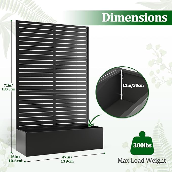 Metal Raised Garden Bed with Trellis 2 in 1 Trellis with Planter Box &amp Privacy Screen for Climbing Plants Vine Outdoor Standing Flower Beds with Drainage Holes 47 L x 17 W x 71 H Black