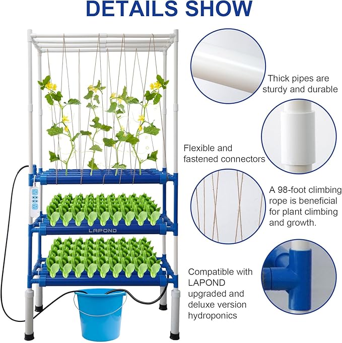 Block Light Hydroponics Growing System Kit with Plant Climbing Frame108 Plant Sites 3 Layers Food-Grade PVC-U Pipes for Leafy VegetablesFruits Herbs(Deluxe Version)
