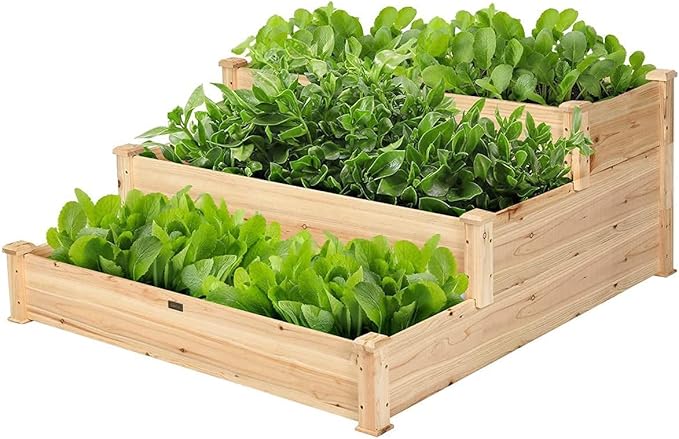 GRAFFY 3-Tier Raised Garden Bed Wood Elevated Planter Box Outdoor Planting Bed for Vegetable Flower Herb Plant Display Container Rack for Grass Lawn Patio Backyard