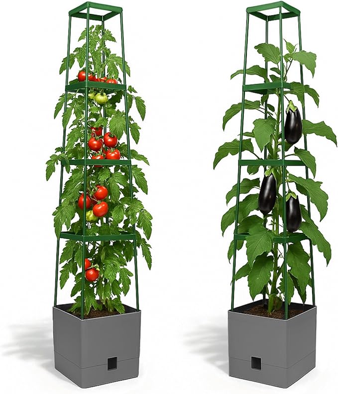 BioGreen 2 Pack Garden Tomato Planter MAXITOM with Plant Support Trellis 59 inch and Self Watering 42 Gal Planter Box for Climbing Vegetables Plants Gray