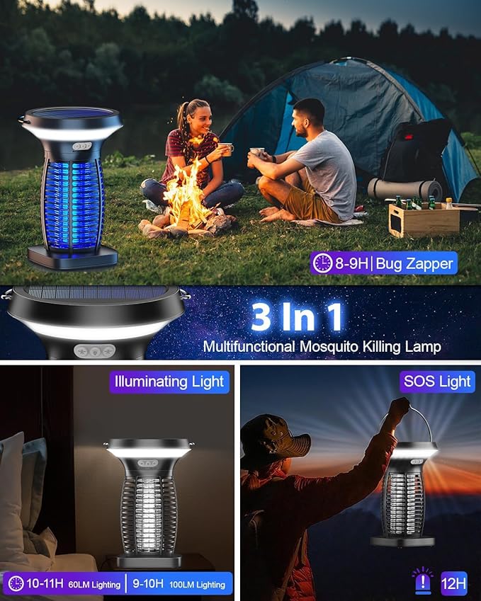 Solar Bug Zapper Outdoor Waterproof Portable &amp Rechargeable Bug Zapper with Panel Sensor &amp LED Night Light Mosquitoes Zapper Electric Fly Zapper for Home Patio Backyard Camping