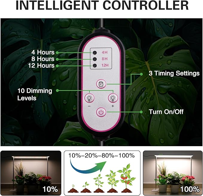 LED Grow Lights for Seed Starting with Stand 2ft 60W Full Spectrum Seedling Lights Grow Lights for Indoor Plants 4/8/12H Timer and 10 Dimming Levels Height Adjustable and Energy Efficient