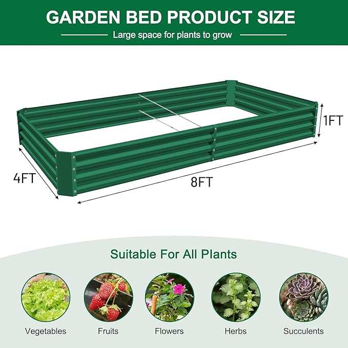 Land Guard 2 Pack 8×4×1ft Galvanized Metal Raised Garden Bed Metal Planter Kit Box Outdoor for Deep-Rooted Vegetables Flowers Green and Herbs (Green)