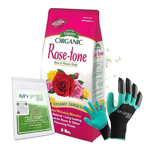 Espoma RT8 Organic Rose-Tone 4-3-2 8 lb. Bag for All Types of Flowering Plants with My Garden Pool PH Soil Test Strips 20 ct and Gardening Claw Gloves and Garden-IQ Smart Gardening AI Assistant!
