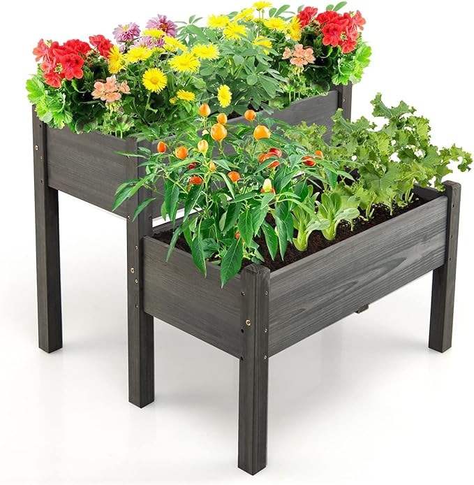 S AFSTAR Raised Garden Bed Set of 2 Wood Elevated Planter Beds with 8 Drainage Holes &amp 2 Planter Boxes 3.5 Cu.Ft Outdoor Planting Container for Flowers Vegetables Herbs