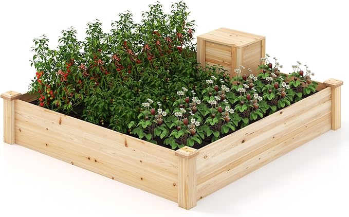 Wood Raised Garden Bed - 49 x 49 x 10 Elevated Garden Bed with Compost Bin for Outdoor Gardening and Planting Bottomless Planter Box for Deep-Rooted Vegetables Herbs Flowers and Fruits