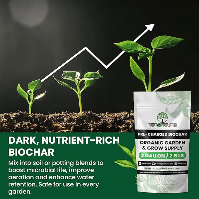 BuildASoil Pre-Charged Biochar Organic Soil Amendment for Plants No-Till Friendly 2–5% Mix Rate Clay Soil Conditioner with Organic Perlite &amp Horticultural Charcoal Blend 2 Gallon/2.5 lb