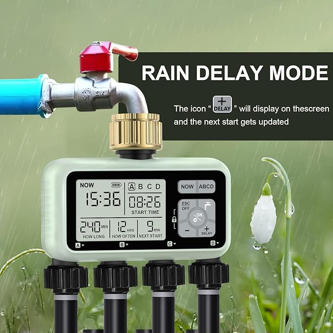 Watering Timer 4 Zone with with Brass Inlet Sprinkler Timer Programmable Garden Outdoor Hose Faucet Timers with Rain Delay/Manual/Automatic Watering SystemWater Hose Irrigation Timers 4 Outlet