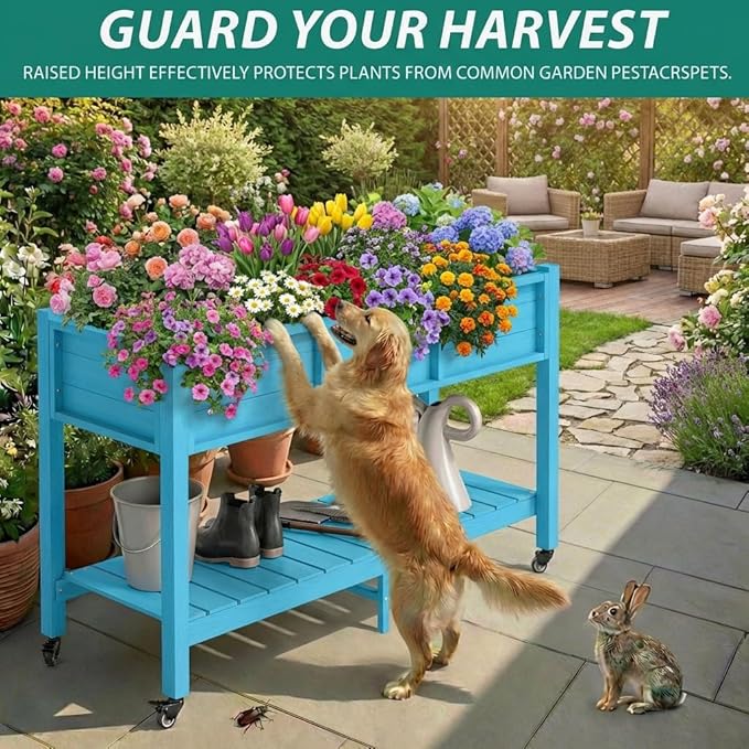 YITAHOME Raised Garden Bed HDPE 47x18x31In Raised Flower Bed Poly-Wood Weather-Resistant Elevated Planter Box with Lockable Wheels &amp Storage Shelf for Vegetable Flower Aruba Blue