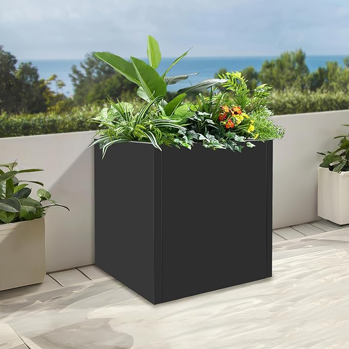 Raised Garden Bed 17 * 17 * 18in Steel Square Planter Flower Box for Indoor Outdoor Balconies Gardens Decks Patios Decks Front Porches (Black)