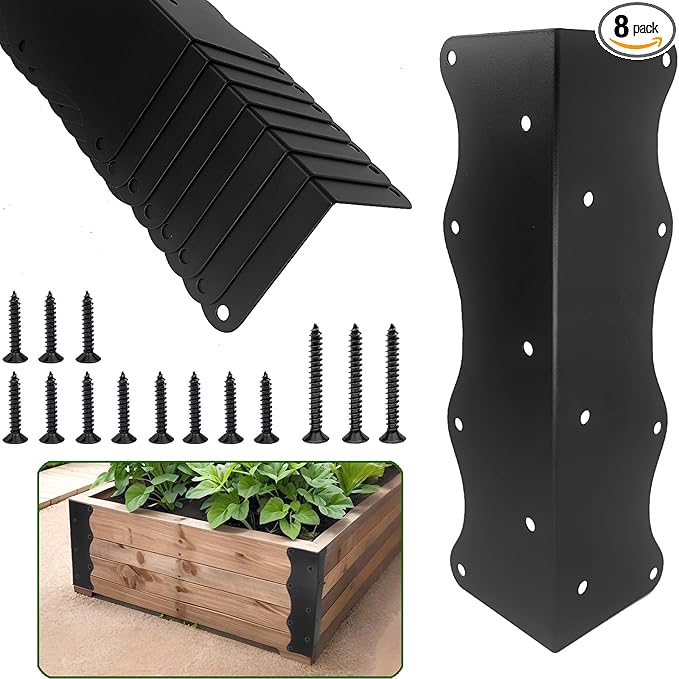 8-Pack Black Raised Garden Bed Corner Brackets 11x3x3 Metal Corner Supports with Screws Sturdy Wave-Edge Design for DIY Wooden Planter Boxes
