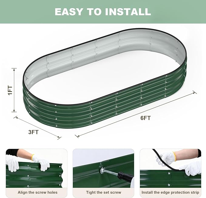 Raised Garden Bed 6x3x1ft Galvanized Outdoor Planter Beds with Safety Edging and Gloves Oval Metal Planter Box for Gardening Vegetables Flowers Herb-Deep Green