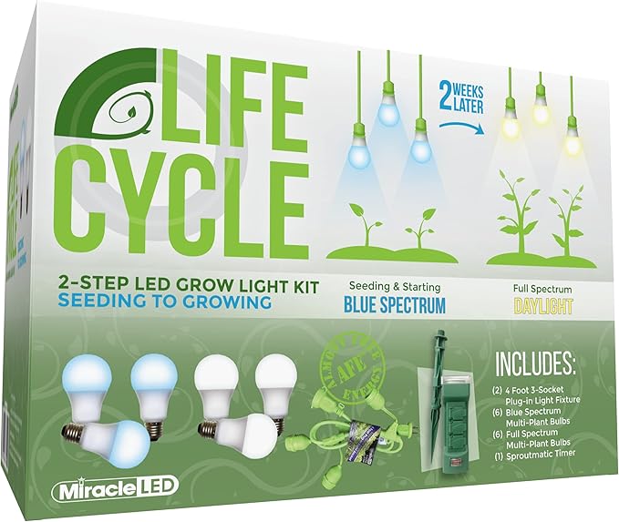 Miracle LED Plant Life Cycle 3-Socket Synchronized Grow Light Kit with 3 Blue Spectrum and 3 Full Spectrum Multi-Plant Bulbs with Sproutmatic Timer Controls (2 Pack)