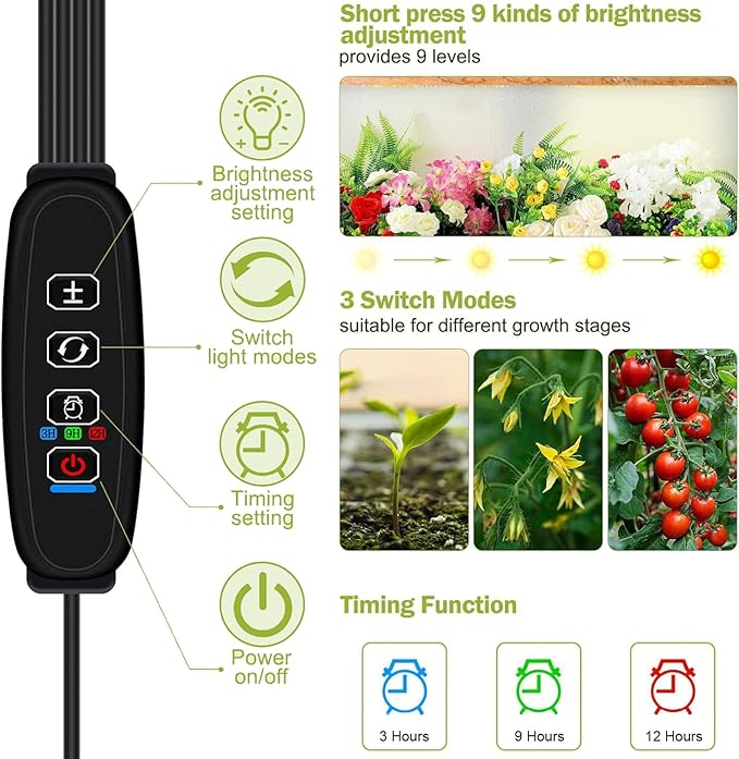 Grow Light for Indoor Plants LED Plant Growing Lamps with 3/9/12H Timer Adjustable Neck &amp Brightness for Tabletop Plants Seed Starting Herbs