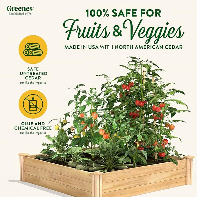 Greenes Fence Classic Cedar Raised Garden Bed 4' x 4' x 10.5 (1/2 Thick) - Made in USA with North American Cedar