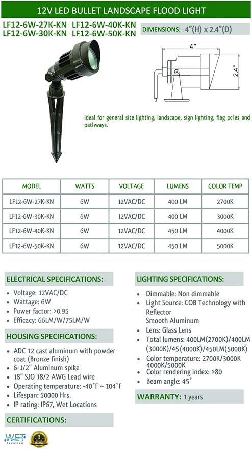 Westgate LED Low Voltage Landscape Spotlight - 12 Volt AC/DC Garden Light - Integrated LED - 400 Lumens - All Accessories Included (6 Watt 5000K Cool White)