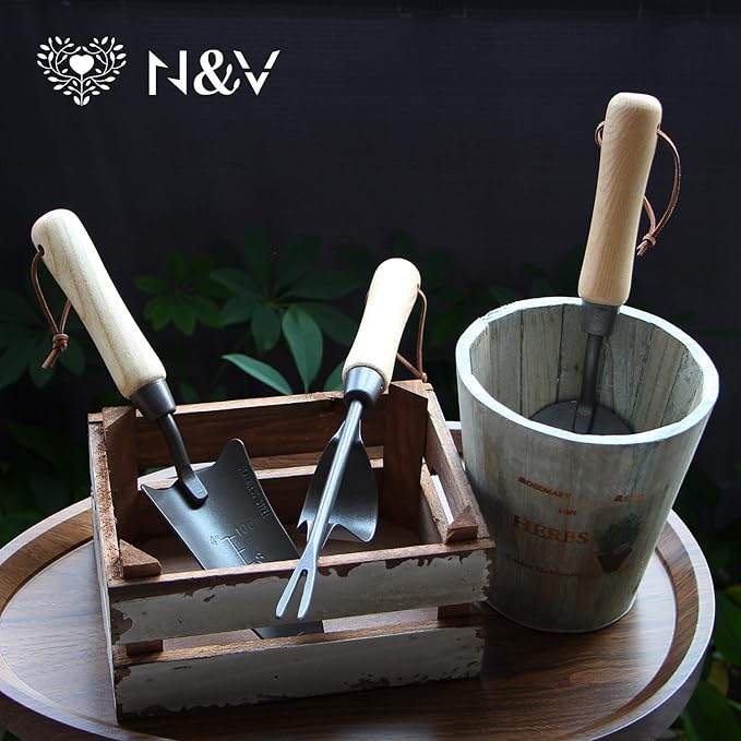 Japanese Gardening Tools Set 6 Pcs Garden Tools Set Black Painted Stainless Steel Heavy Duty Gardening Tools Kit Hand Trowel Dibble Hand Rake Weeder Transplanter and Hand Folk…