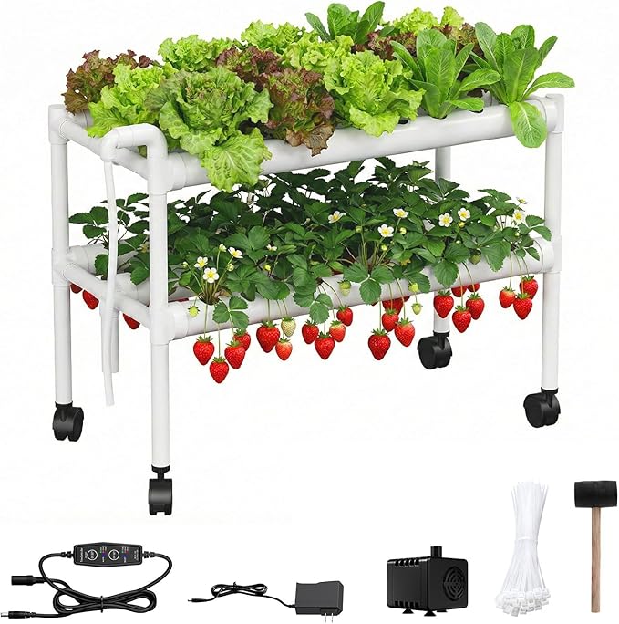 Hydroponics Growing System Kit with Wheels 54 Plant Sites Gardening Aquaponics Tower 2-Tier Food-Grade PVC-U Pipes Water Pump Timer for Leafy Vegetables Indoor Outdoor (33x35x14 in 54 Holes)
