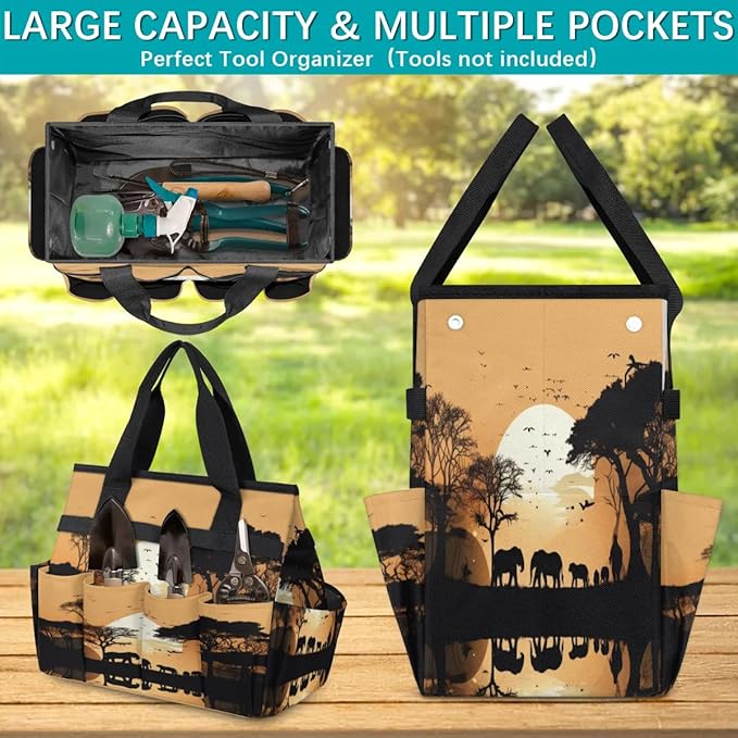 Sunset Elephants Tree Silhouette Garden Tool Bag Waterproof Garden Tool Storage Bag Heavy Duty Oxford Gardening Tool Bag with Handle &amp 10 Pockets for Men Women Outdoor Garden Lawn Yard