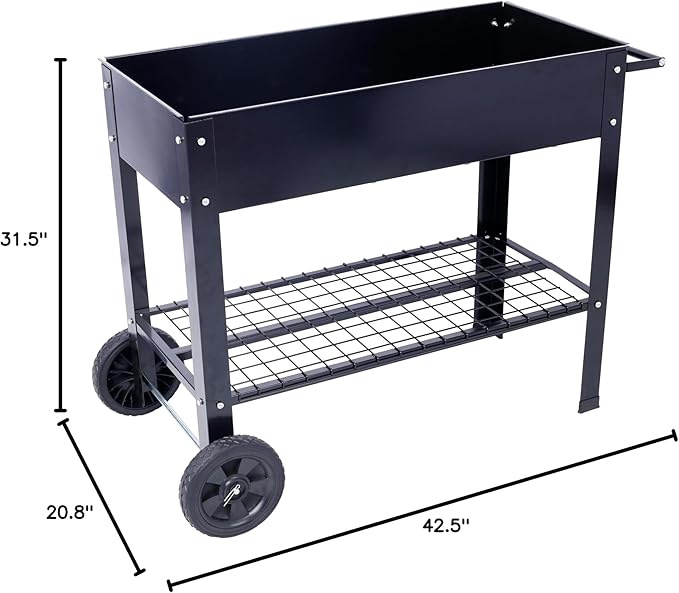Products Elevated Mobile Raised Ergonomic Metal Planter Garden Bed for Backyard Patio wWheels Lower Shelf Black