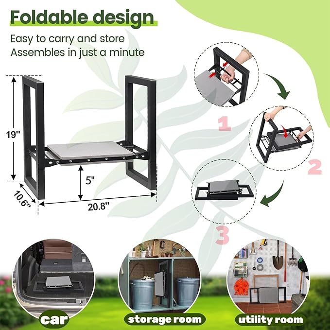 Garden Stool and KneelerHeavy Duty 19 inch Foldable Upgraded Wider Gardening Seat Portable Garden Chair Gardening Gifts for Wonman Grandma Parents Plant Lovers Garden Tools