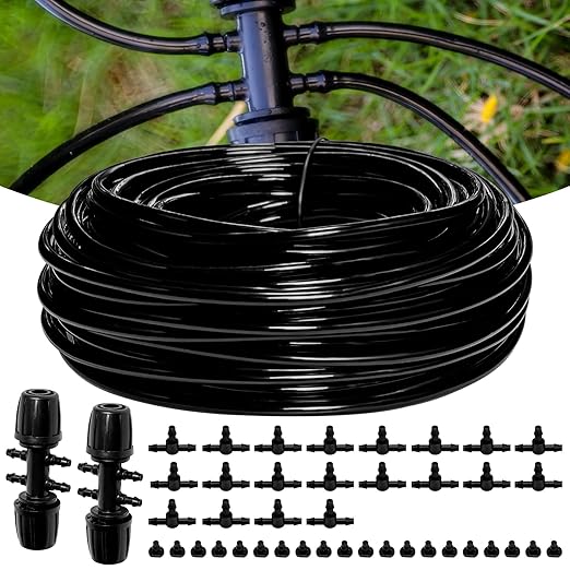 100FT 1/4 Inch Drip Irrigation kit Tubing Distribution Hose Tube for Garden Drip Irrigation System (Includes 2 Pack 6-Way Connector and 20pcs 1/4 Tee Splitters and End Plugs)