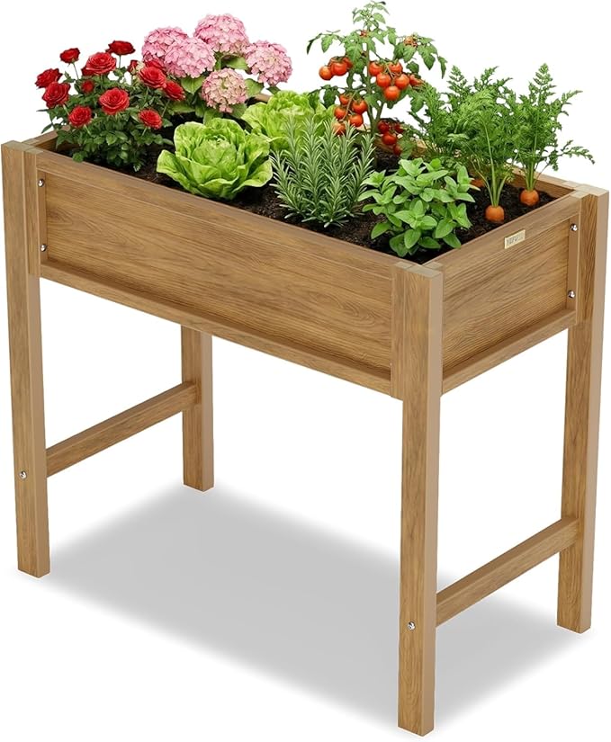 YEFU Raised Garden Bed Outdoor: 34x18x30in Teak HIPS Elevated Planter Box with Legs for Vegetables Herbs Flowers - Patio/Balcony/Backyard Gardening - Accessible Solution for Knee and Back Comfort