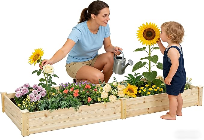 SUNCROWN 8x2ft Wooden Raised Garden Bed Planter Box for Vegetables and Flowers in Backyard/Patio/Outdoor Gardening with Open Base Natural 96 x 24 x 10in