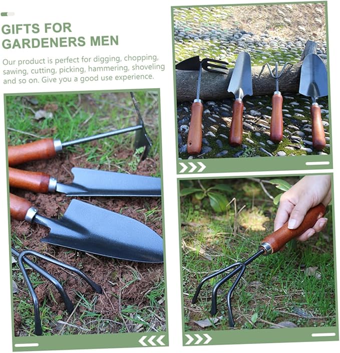 BESTonZON 4pcs Garden Tool Set with Small Shovel Hand Rake Dual-use Hoe and Soil Scoop Mini Painted Steel for Flower Planting and Vegetable Gardening