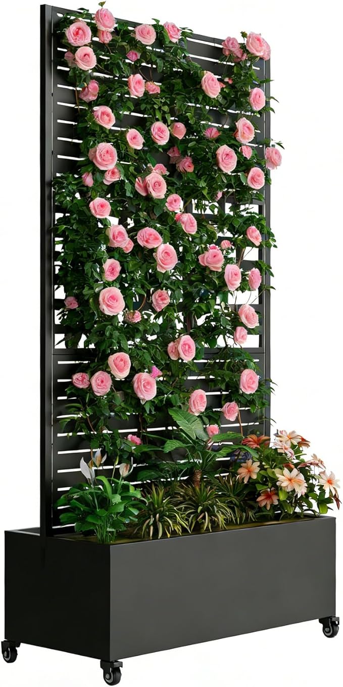 Sturdy 47x16x73 Inch Galvanized Steel Raised Garden Bed with Trellis Metal Planter Box on Wheels for Patio Privacy Screen 12 Inch Deep Root Mobile Vertical Garden Planter for Climbing Plants (M2)