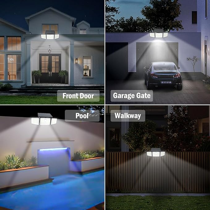 2500LM Solar Lights Outdoor with Motion Sensor3 Head 270° Wide Angle Street Area LightsIP65 Waterproof Security Lighting with 3 Modes(Remote2 Pcs)
