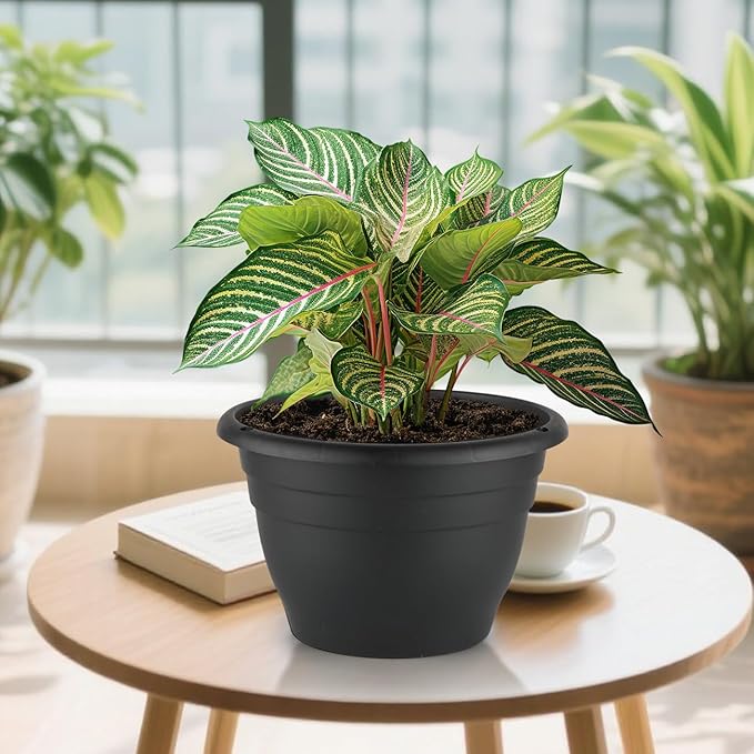 3 Pack 11 Inch Plant PotsPlastic Flower Pots with Drainage HolesLightweight Durable Planters for Indoor Outdoor PlantsModern Decorative Pots for Patio Garden(Black)