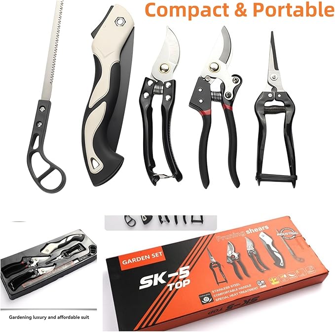 5-Piece Gardening Tool Set with 3 Pruning Shears &amp 2 Folding Saws Professional Stainless Steel Blades for Tree Trimming Branch Cutting Bonsai Care Camping (Gift Ready)
