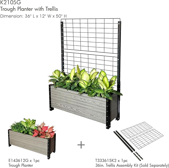 Everbloom Modular Trough Wood Plastic Composite Planter in Gray 36 L x 12 W x 14 H - Grow Veggies Flowers Herbs Indoor Outdoor Narrow Space Backyard Patio Deck